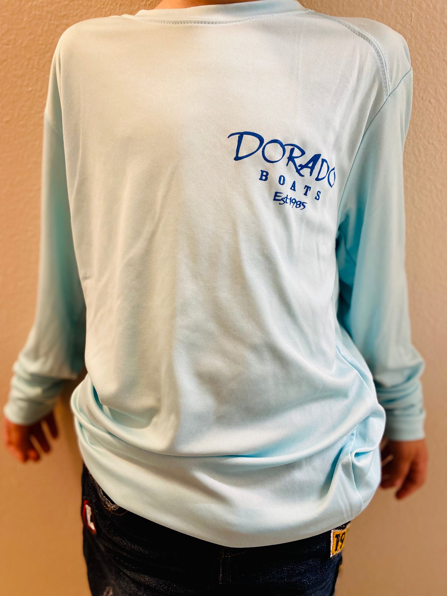 Youth Aqua Blue Long Sleeve Microfiber Performance Shirt with SPF 30